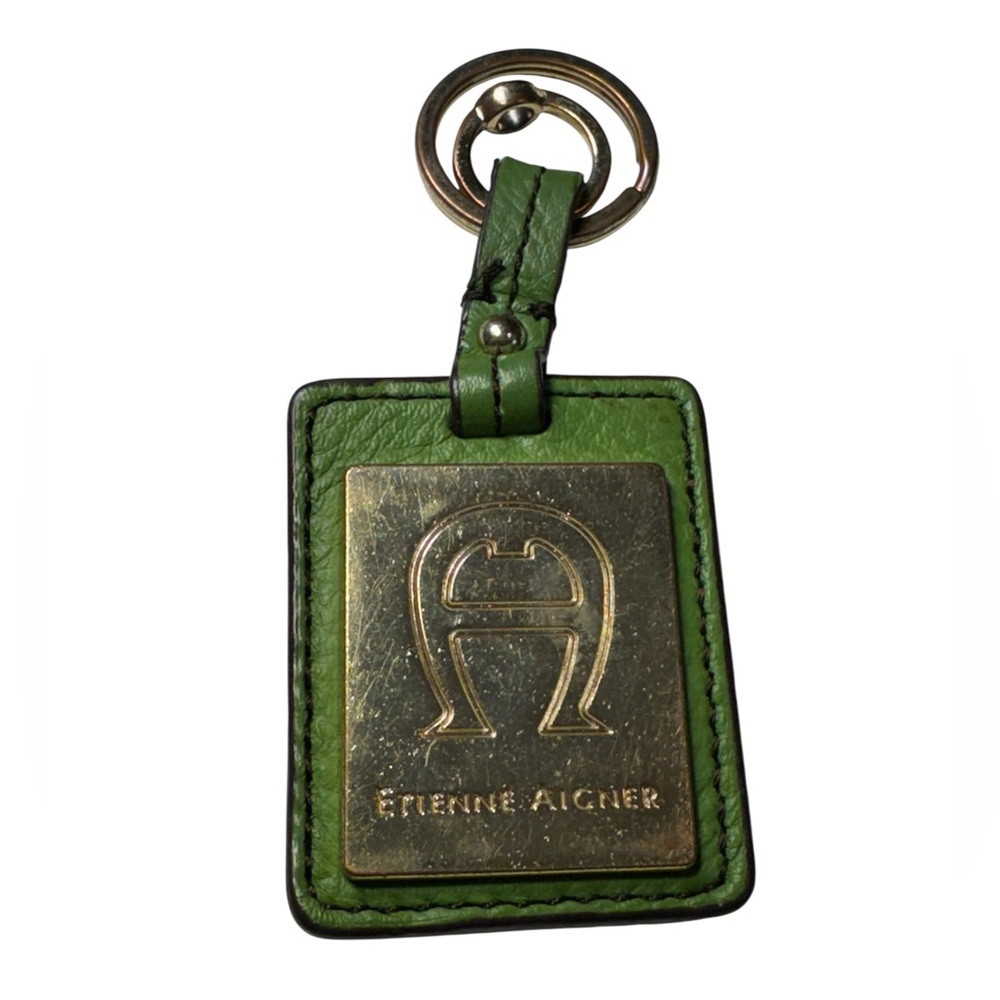 Etienne Aigner Green Leather Key Chain Holder with Gold Emblem